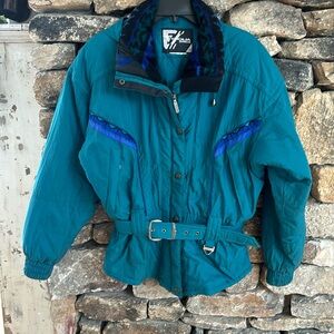 Retro ski lodge coat jacket 80’s belted ski jacket coat M blue Aztec print
